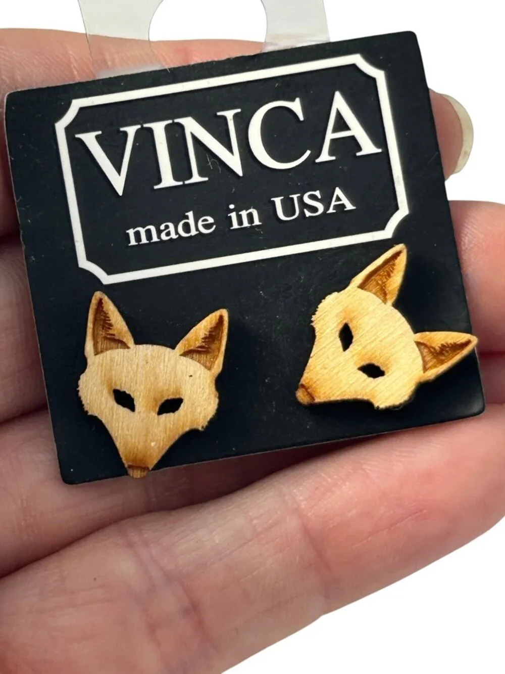 Vinca USA Fox Head Wood Stud Earrings Brown Wildlife Animal Nature Laser Cut